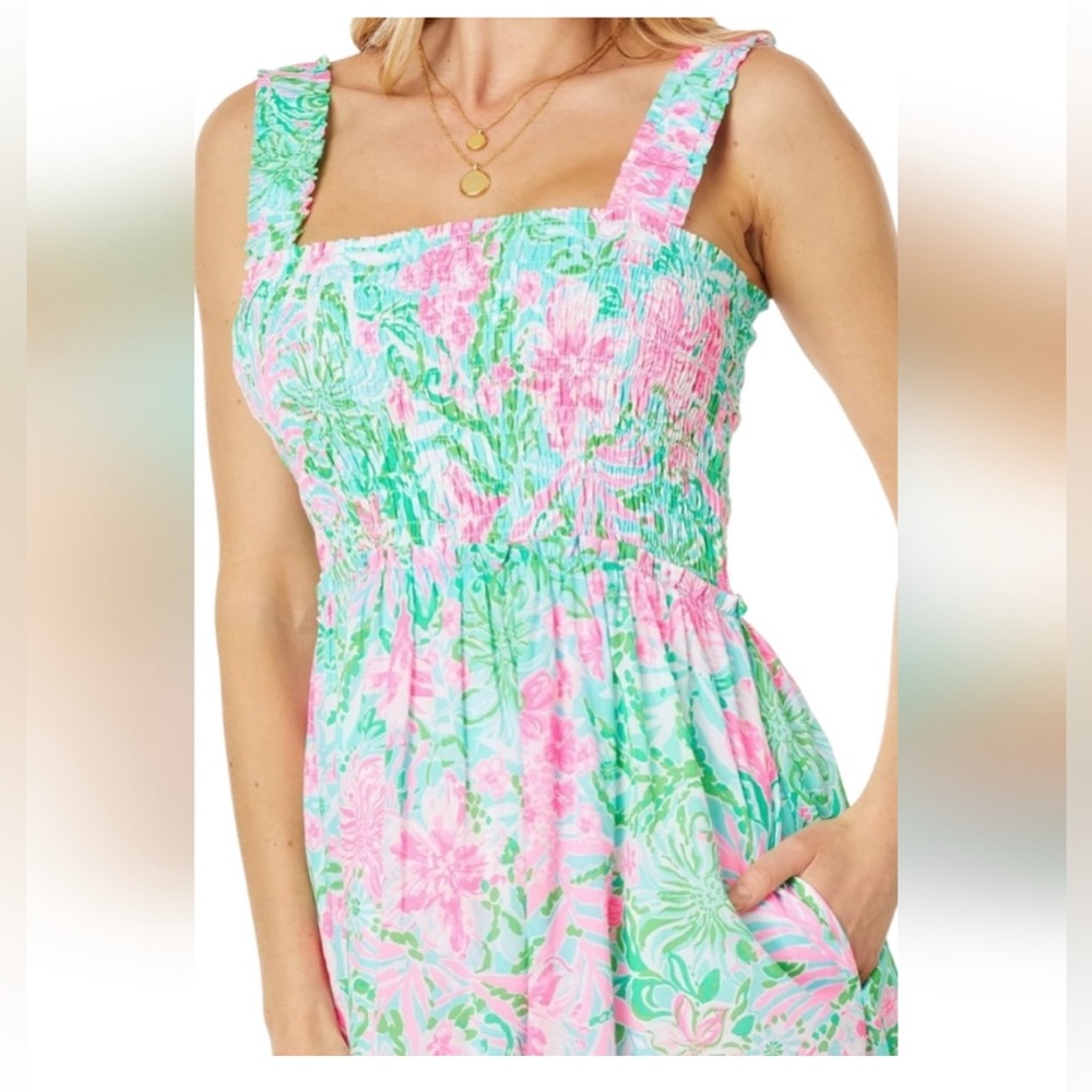 New Lilly Pulitzer Hardly Smocked Cotton Maxi Amalfi Blue Leaf It Wild Size XS - Picture 2 of 6